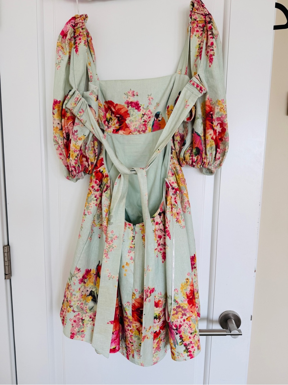 Zimmermann Mint Floral Puff-Sleeve Cut Out Mae Mini Dress Sz 1 AU - Picture 12 of 15